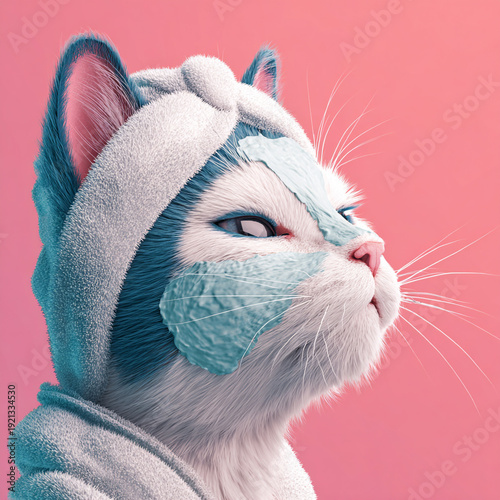 An illustration of an unusually beautiful cat enjoying a relaxing spa treatment. The unusual in our lives and animals.