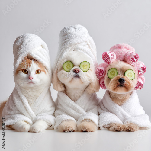 An illustration of an unusually beautiful cat enjoying a relaxing spa treatment. The unusual in our lives and animals.