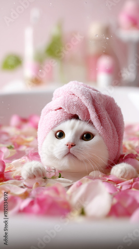 An illustration of an unusually beautiful cat enjoying a relaxing spa treatment. The unusual in our lives and animals.