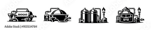 Biogas plant machinery vector icons set: energy, industry, equipment