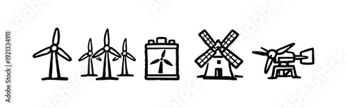 Wind Energy Generation and Windmill Hand Drawn Icons Set with Storage