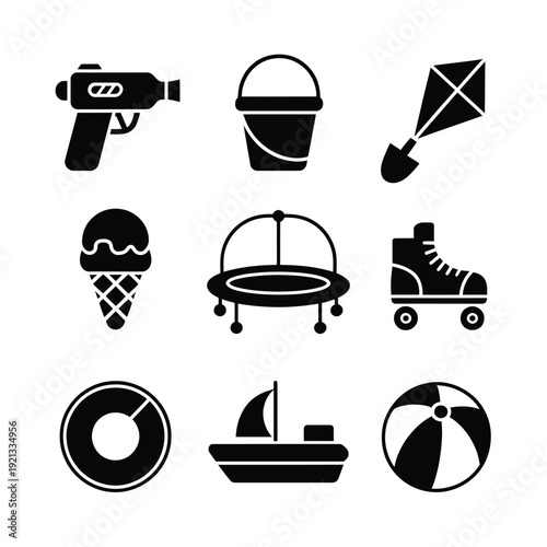 Black silhouette icons depicting summer toys and recreational items