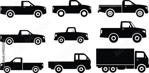 Pickup truck silhouettes collection, cargo and delivery vehicle set, black vector illustration isolated on white background transportation concept