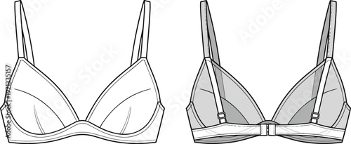 Women's supportive underwire bra front and back view, minimalist lingerie line art illustration isolated on white backgroundWomen's supportive underwire bra front and back view