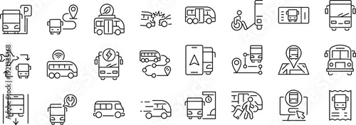Set of outline icons related to bus. Linear icon collection. Editable stroke. Vector illustration