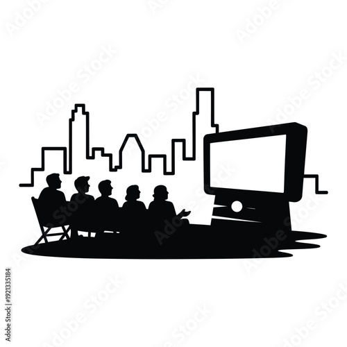 Silhouetted figures watching a movie with a city skyline backdrop
