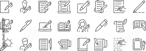 Set of outline icons related to write. Linear icon collection. Editable stroke. Vector