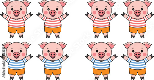 Cute pig cartoon characters wearing striped shirts vector illustration collection of farm animal mascots and playful designs set