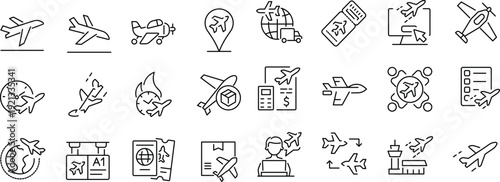 Set of outline icons related to plane. Linear icon collection. Editable stroke. Vector