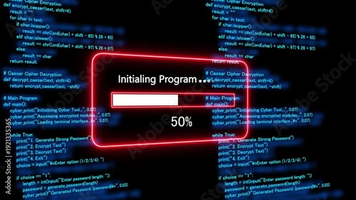 Teal decrypting files Progress Bar on a Background of Computer Code loading programming. 4k animation 
