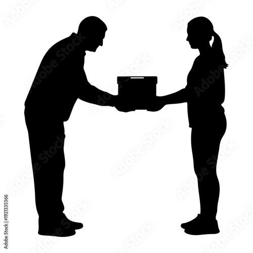 Man handing box to woman, delivery service flat design vector illustration