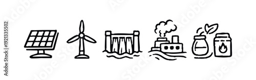 Hand-drawn Energy Production Icons: Solar, Wind, Hydro, Fossil Fuels, and Bioenergy