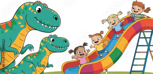 Cute dinosaur characters and happy kids sliding on rainbow playground slide cartoon vector illustration collection set for children