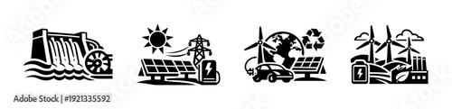 Renewable energy vector icons set, sustainable power symbols, eco-friendly design