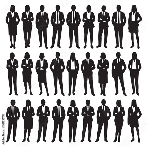 Business people silhouettes, group of standing business men and women , business team standing together
