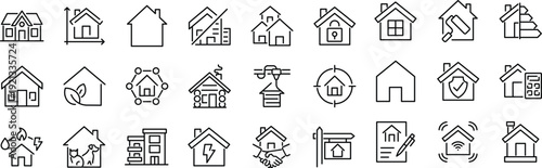 Set of outline icons related to houses. Linear icon collection. Editable stroke. Vector