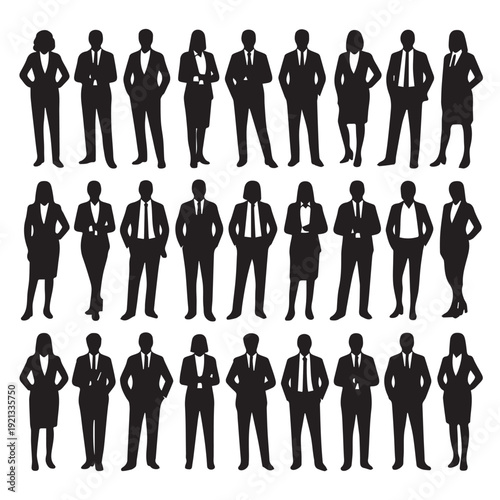 Business people silhouettes, group of standing business men and women 
