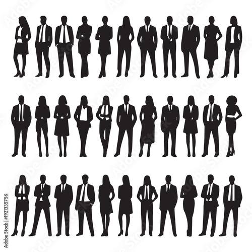 Business people silhouettes, group of standing business men and women 

