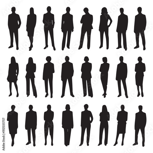 Business people silhouettes, group of standing business men and women 
