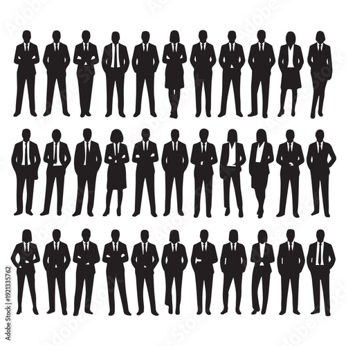 Business people silhouettes, group of standing business men and women 
