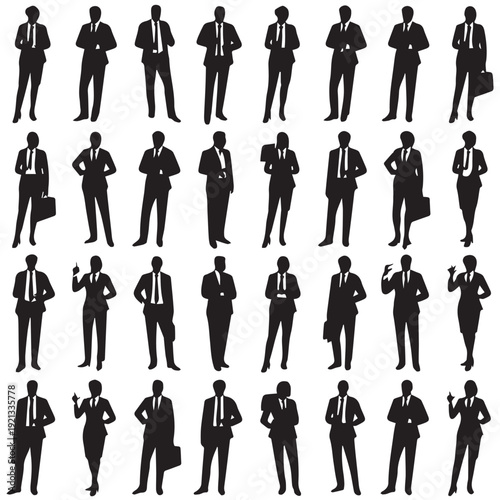 Business people silhouettes, group of standing business men and women 
