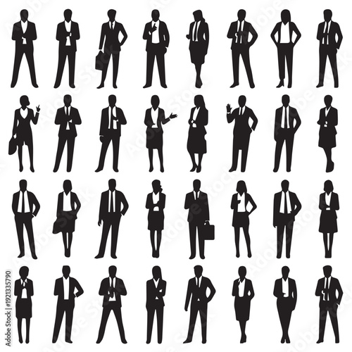 Business people silhouettes, group of standing business men and women 
