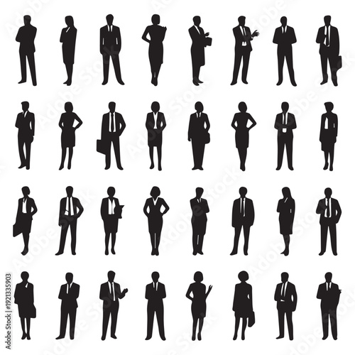 Business people silhouettes, group of standing business men and women 

