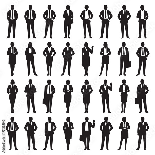 Business people silhouettes, group of standing business men and women 
