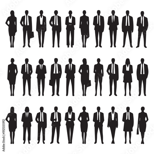 Business people silhouettes, group of standing business men and women 
