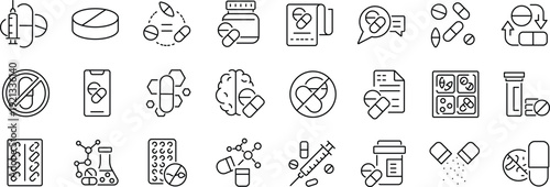 Set of outline icons related to pills, medications. Linear icon collection. Editable stroke. Vector