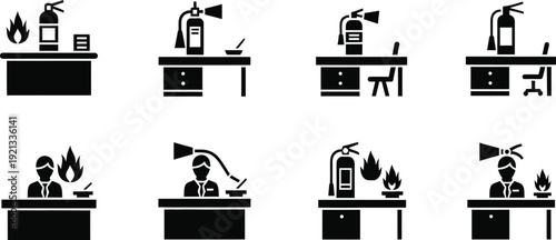 Fire safety icon collection including extinguisher flame and emergency response illustrations