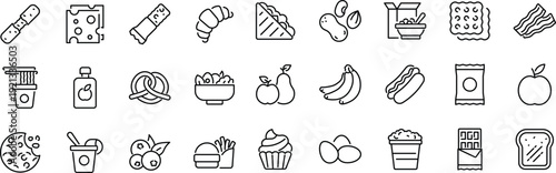 Set of outline icons related to snacks. Linear icon collection. Editable stroke. Vector