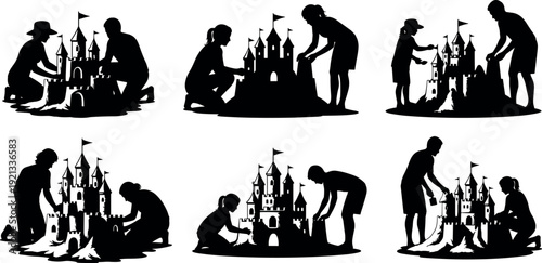 Black silhouette family building sandcastle at beach illustration set, parents and children summer seaside activity for vacation, teamwork, childhood memories and outdoor leisure concept