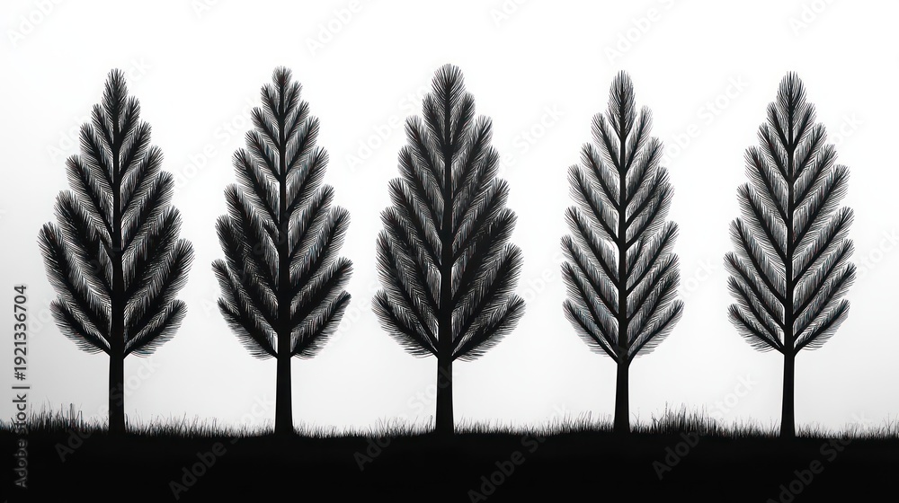 Obraz premium Five stylized feather-like tree silhouettes in a serene monochrome row above grassy ground
