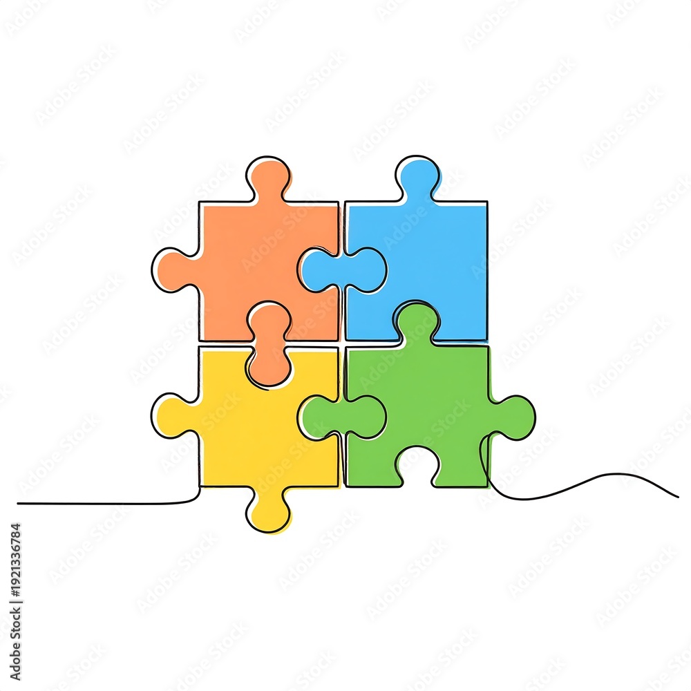 Fototapeta premium Four colorful puzzle pieces connected by a single line