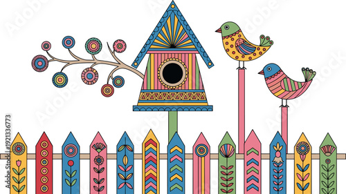 Colorful folk art birdhouse illustration with decorative birds, floral branch and patterned fence, playful whimsical design for kids decor, garden art, nursery illustration and creative wall