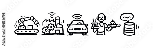 Hand-drawn set of Internet of Things and smart technology icons with robotic arm, smart factory, autonomous car, smart home, and data storage.