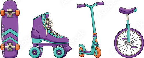 Colorful retro urban ride illustration set with skateboard, roller skate, scooter and unicycle, fun youth transportation and street sport icons isolated on white