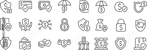 Set of outline icons related to financial protection. Linear icon collection. Editable stroke. Vector