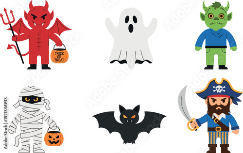 Cute Halloween character illustration set with devil, ghost, mummy, bat, zombie and pirate, colorful cartoon monsters for kids party decor, holiday design and festive artwork