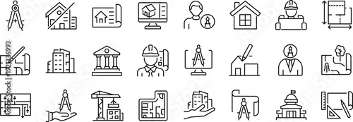 Set of outline icons related to building, architecture, house, design. Linear icon collection. Editable stroke. Vector