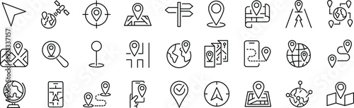 Set of outline icons related to navigation, gps, location, route. Linear icon collection. Editable stroke. Vector
