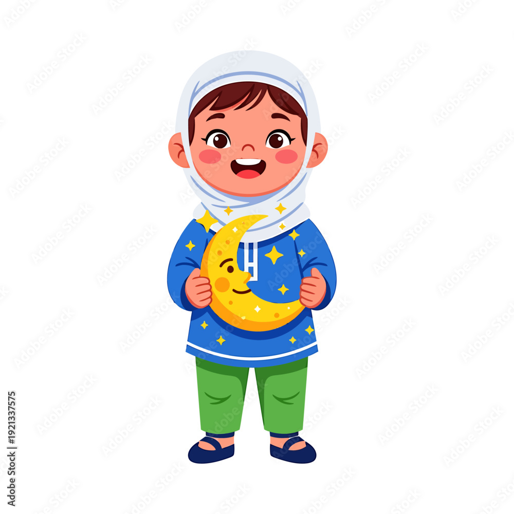 Fototapeta premium Happy Muslim Girl Holding a Crescent Moon for Eid alFitr Celebration.