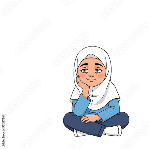 Cute Muslim Girl Wearing Hijab Sitting CrossLegged and Daydreaming.