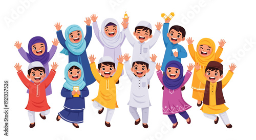 Diverse Group of Happy Muslim Children Celebrating Together.