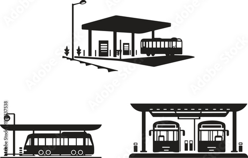 Modern urban bus station terminal with canopy, fuel pumps, buses parked, transportation infrastructure illustration, black and white flat vector
