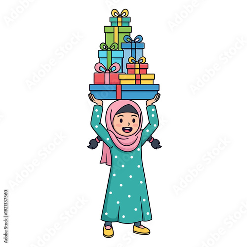 Happy Muslim girl carrying a stack of colorful gift boxes on her head celebrating Eid alFitr.