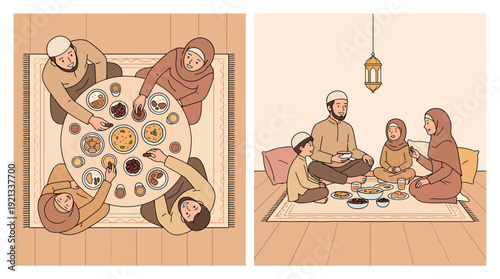 Muslim family enjoying Iftar meal together at home.
