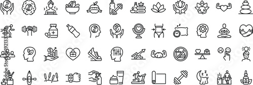 Set of line icons related to wellness, wellbeing, mental health, healthcare, cosmetics, spa, medical. Outline icon collection. Editable stroke. Vector