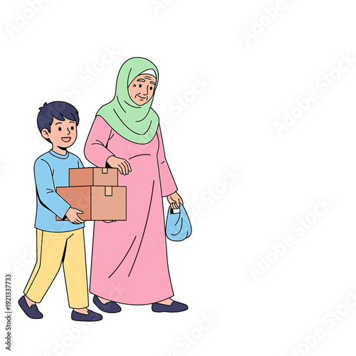Muslim Mother and Son Carrying Boxes Together.
